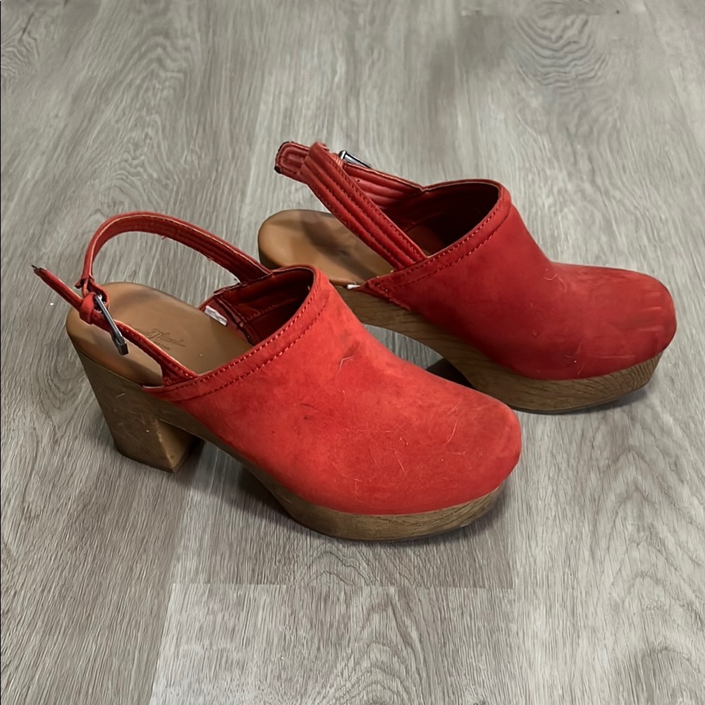 Red Suede Mules with Chunky Wooden Heel